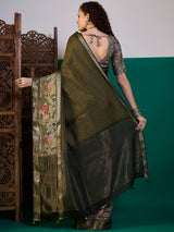 RIWAAYAT-Olive Green Floral Heritage Silk Saree with Antique Zari Border
