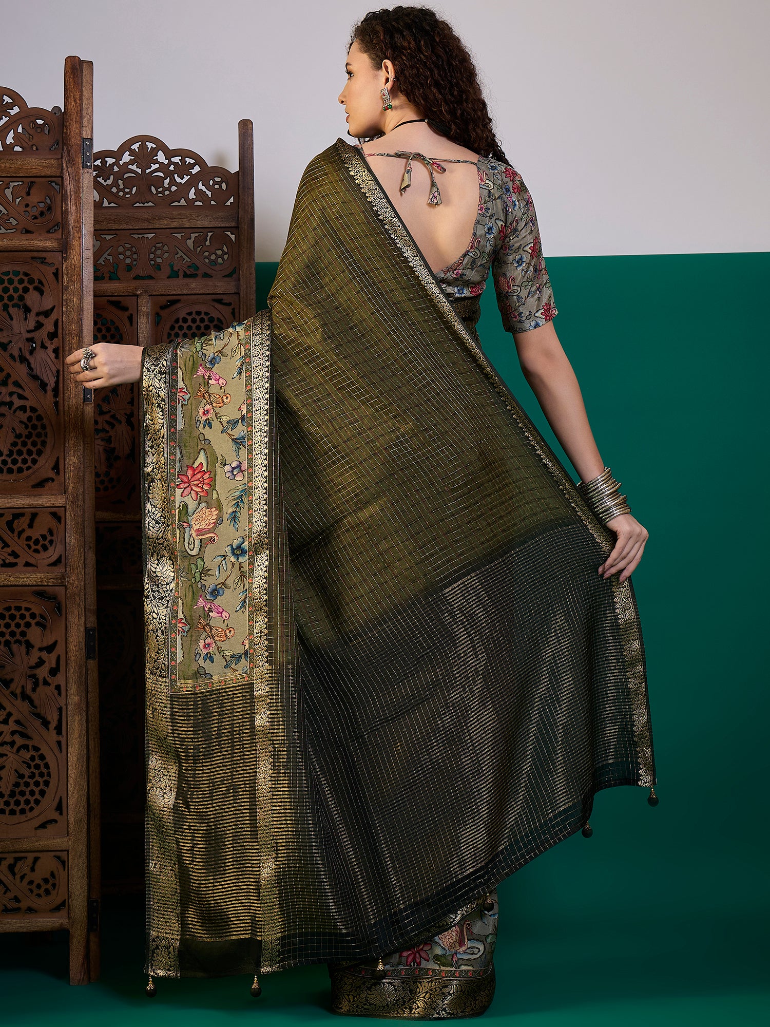 RIWAAYAT-Olive Green Floral Heritage Silk Saree with Antique Zari Border
