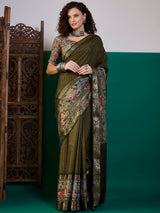 RIWAAYAT-Olive Green Floral Heritage Silk Saree with Antique Zari Border