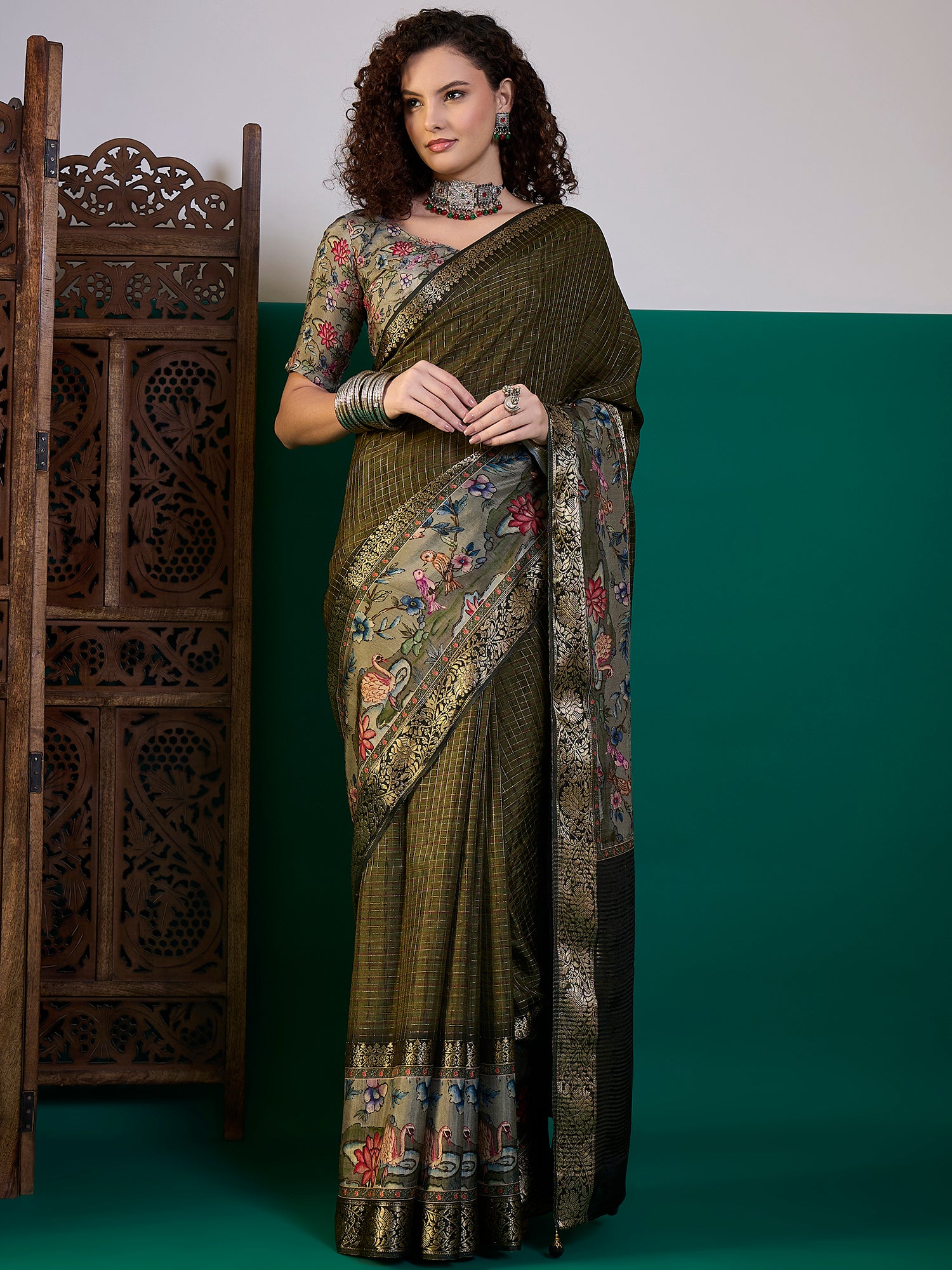 RIWAAYAT-Olive Green Floral Heritage Silk Saree with Antique Zari Border