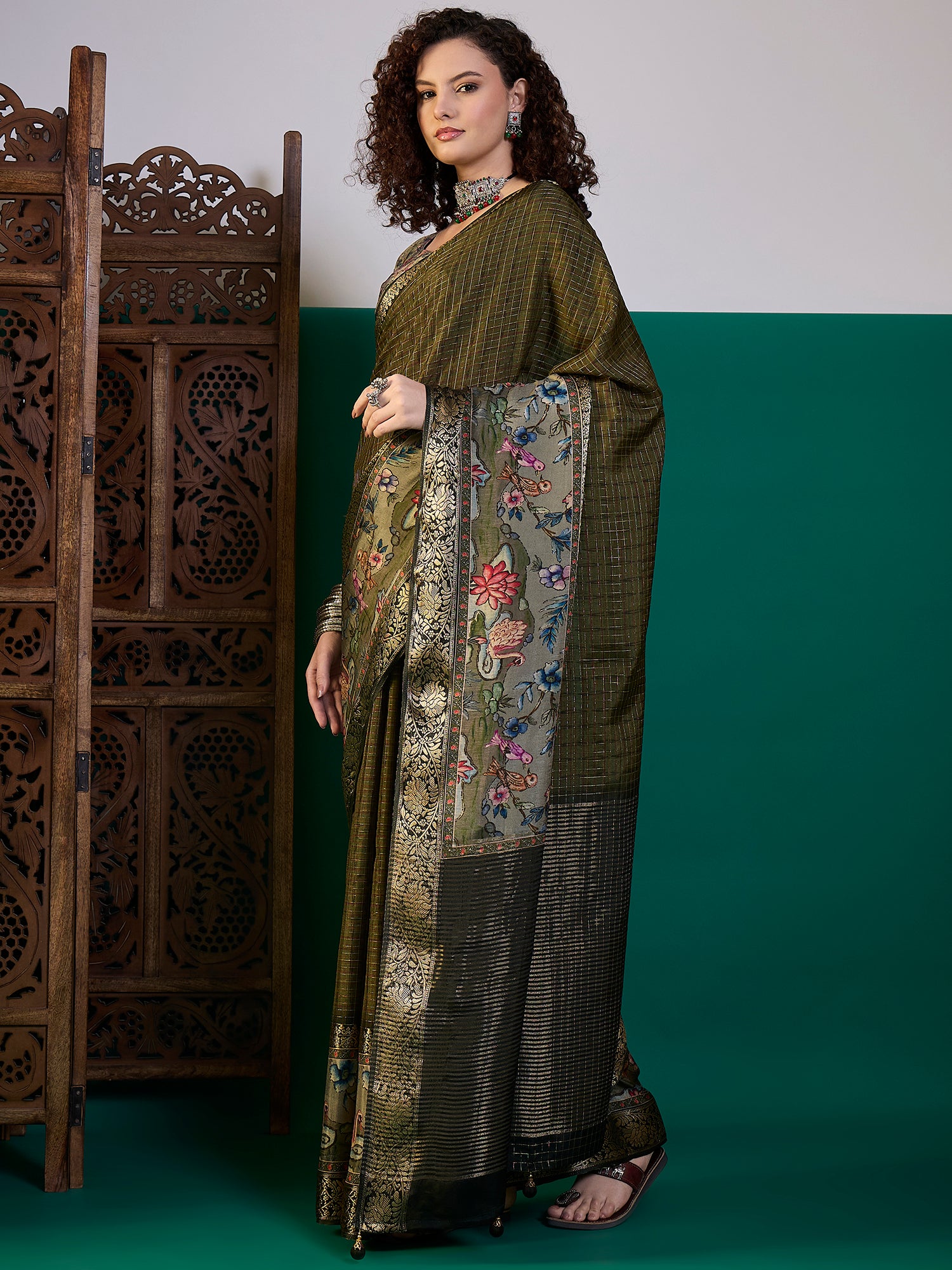 RIWAAYAT-Olive Green Floral Heritage Silk Saree with Antique Zari Border