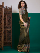RIWAAYAT-Olive Green Floral Heritage Silk Saree with Antique Zari Border