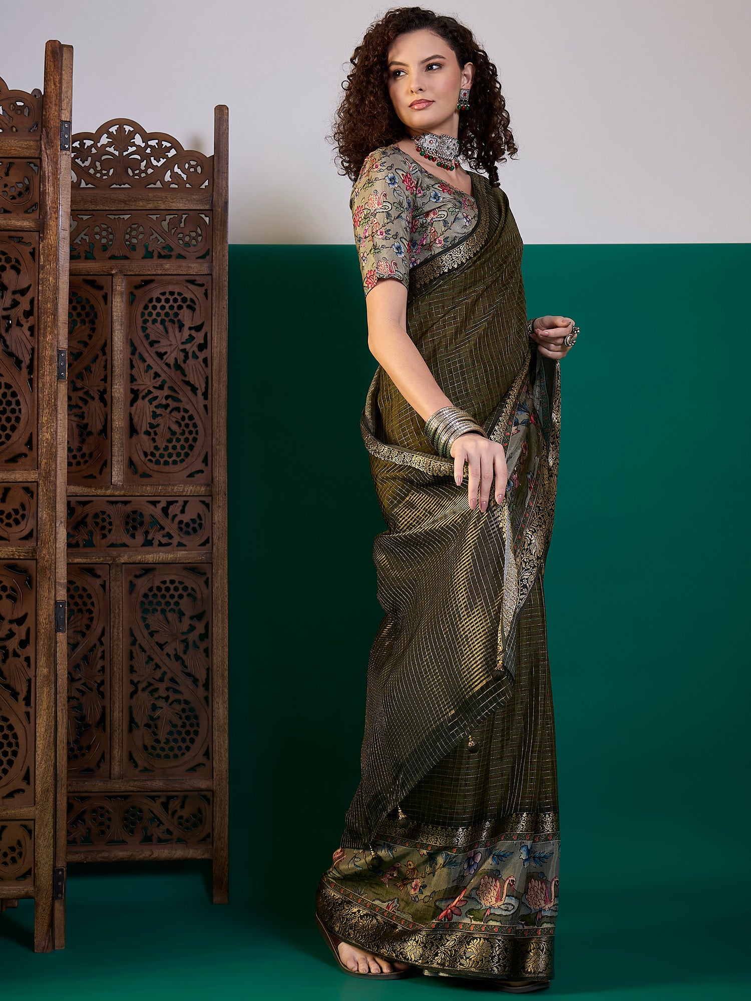 RIWAAYAT-Olive Green Floral Heritage Silk Saree with Antique Zari Border