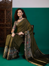RIWAAYAT-Olive Green Floral Heritage Silk Saree with Antique Zari Border