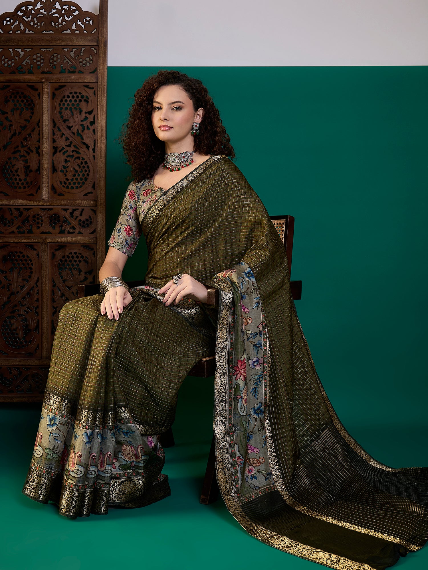 RIWAAYAT-Olive Green Floral Heritage Silk Saree with Antique Zari Border