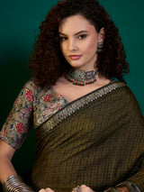 RIWAAYAT-Olive Green Floral Heritage Silk Saree with Antique Zari Border