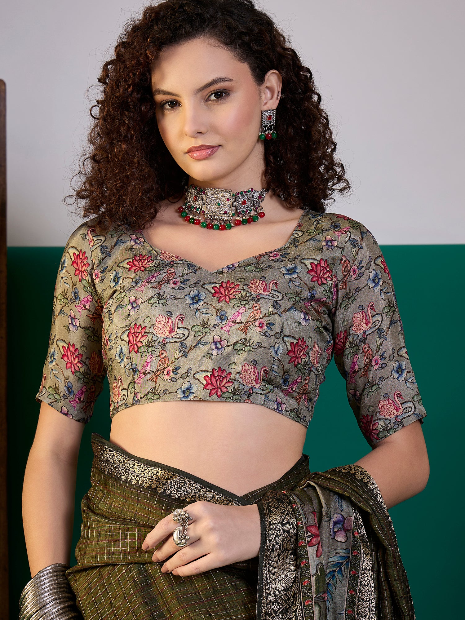 RIWAAYAT-Olive Green Floral Heritage Silk Saree with Antique Zari Border