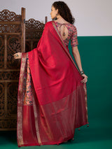 RIWAAYAT-Royal Crimson Floral Designer Saree with Antique Zari Border