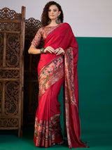 RIWAAYAT-Royal Crimson Floral Designer Saree with Antique Zari Border