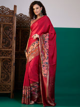 RIWAAYAT-Royal Crimson Floral Designer Saree with Antique Zari Border