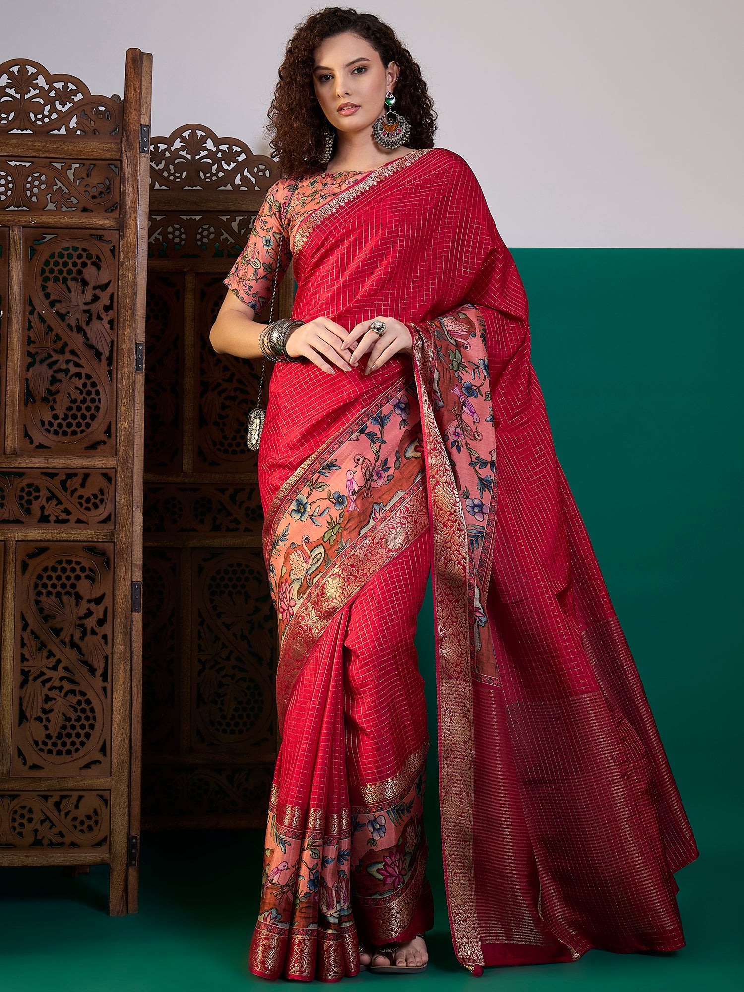 RIWAAYAT-Royal Crimson Floral Designer Saree with Antique Zari Border