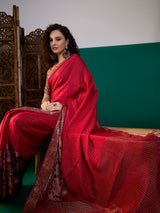 RIWAAYAT-Royal Crimson Floral Designer Saree with Antique Zari Border