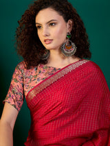 RIWAAYAT-Royal Crimson Floral Designer Saree with Antique Zari Border