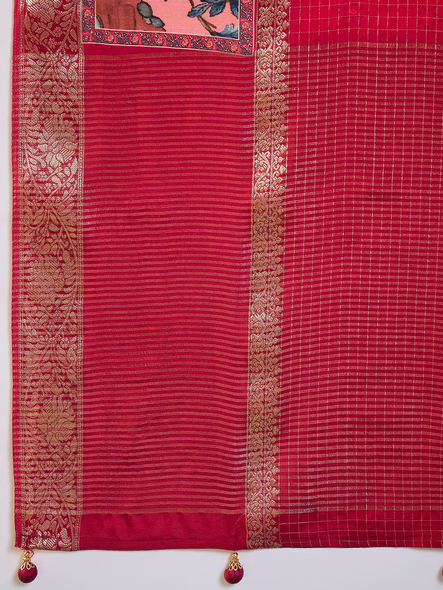 RIWAAYAT-Royal Crimson Floral Designer Saree with Antique Zari Border