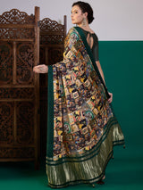 SURTAAL-Vintage Gallery Print Saree with Emerald Green Border & Artistic Storytelling Design