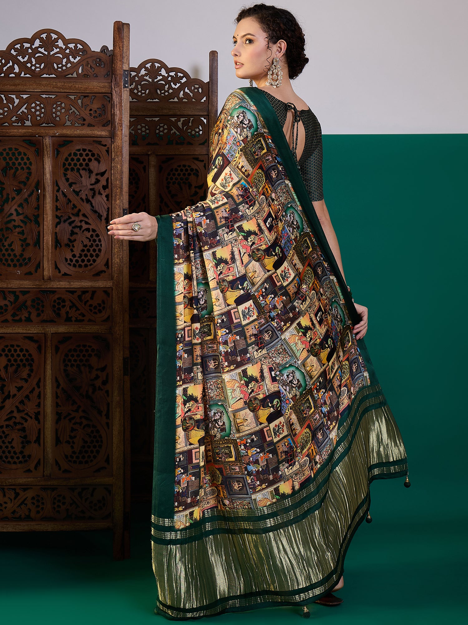 SURTAAL-Vintage Gallery Print Saree with Emerald Green Border & Artistic Storytelling Design