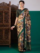 SURTAAL-Vintage Gallery Print Saree with Emerald Green Border & Artistic Storytelling Design
