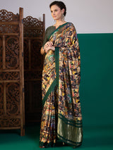 SURTAAL-Vintage Gallery Print Saree with Emerald Green Border & Artistic Storytelling Design