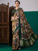 SURTAAL-Vintage Gallery Print Saree with Emerald Green Border & Artistic Storytelling Design