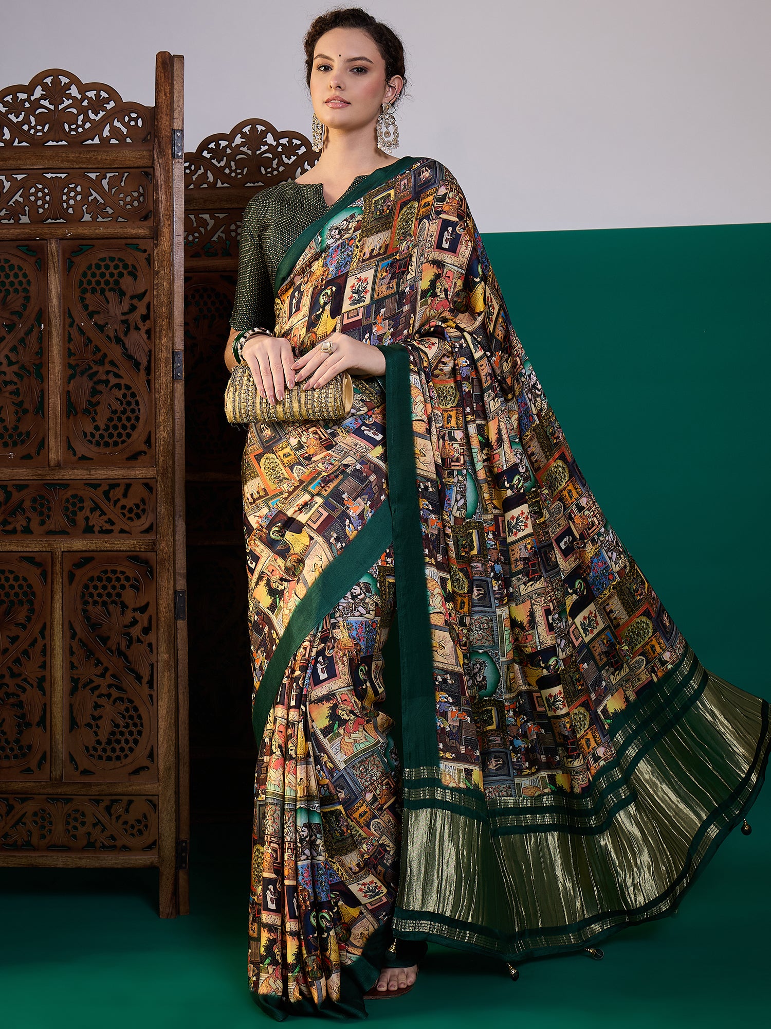 SURTAAL-Vintage Gallery Print Saree with Emerald Green Border & Artistic Storytelling Design