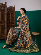 SURTAAL-Vintage Gallery Print Saree with Emerald Green Border & Artistic Storytelling Design