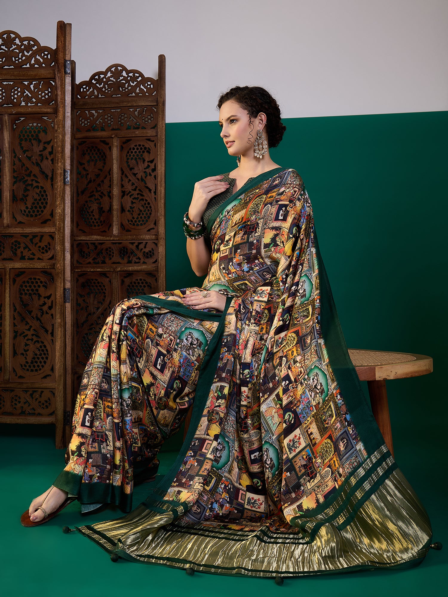 SURTAAL-Vintage Gallery Print Saree with Emerald Green Border & Artistic Storytelling Design