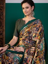 SURTAAL-Vintage Gallery Print Saree with Emerald Green Border & Artistic Storytelling Design