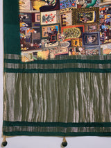 SURTAAL-Vintage Gallery Print Saree with Emerald Green Border & Artistic Storytelling Design