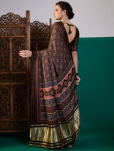 SURTAAL-Midnight Black Ajrakh Printed Saree with Ornamental Pallu & Metallic Border
