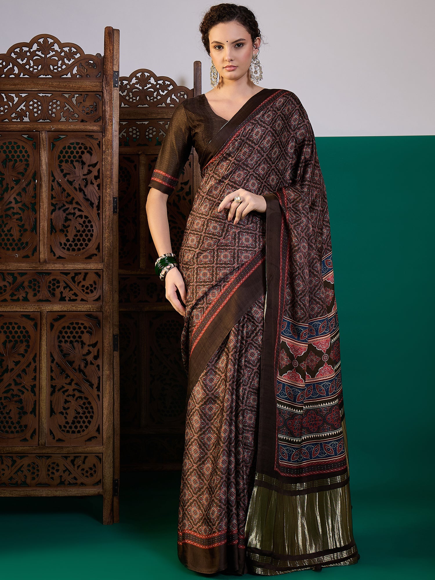 SURTAAL-Midnight Black Ajrakh Printed Saree with Ornamental Pallu & Metallic Border
