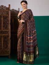 SURTAAL-Midnight Black Ajrakh Printed Saree with Ornamental Pallu & Metallic Border