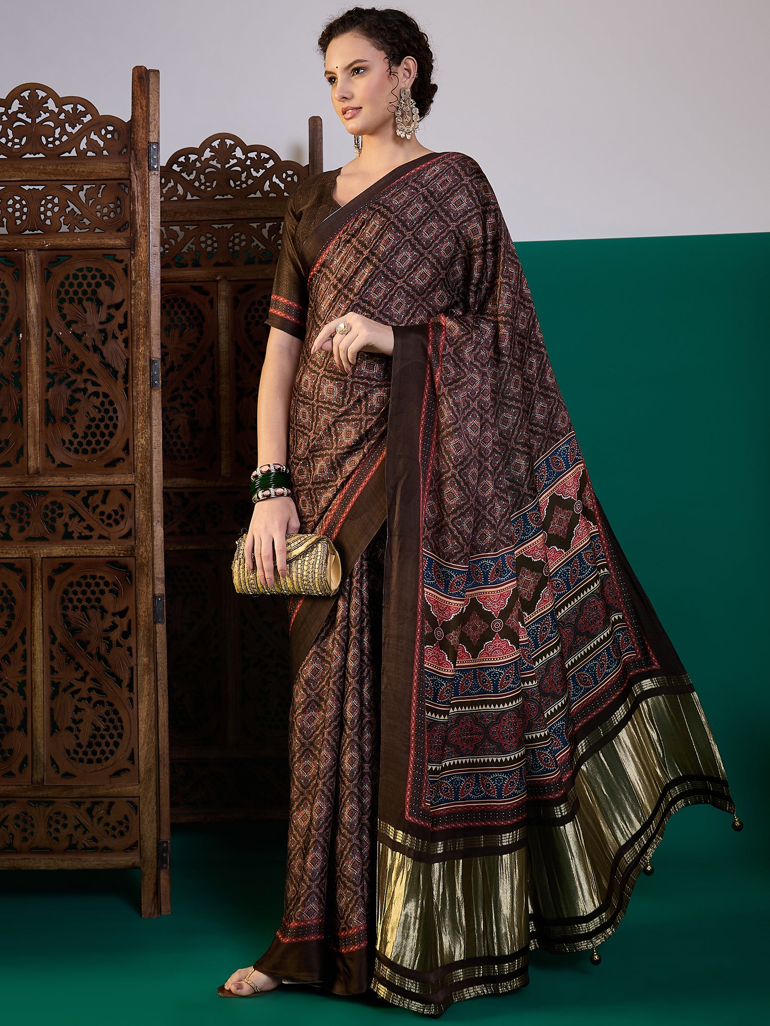 SURTAAL-Midnight Black Ajrakh Printed Saree with Ornamental Pallu & Metallic Border