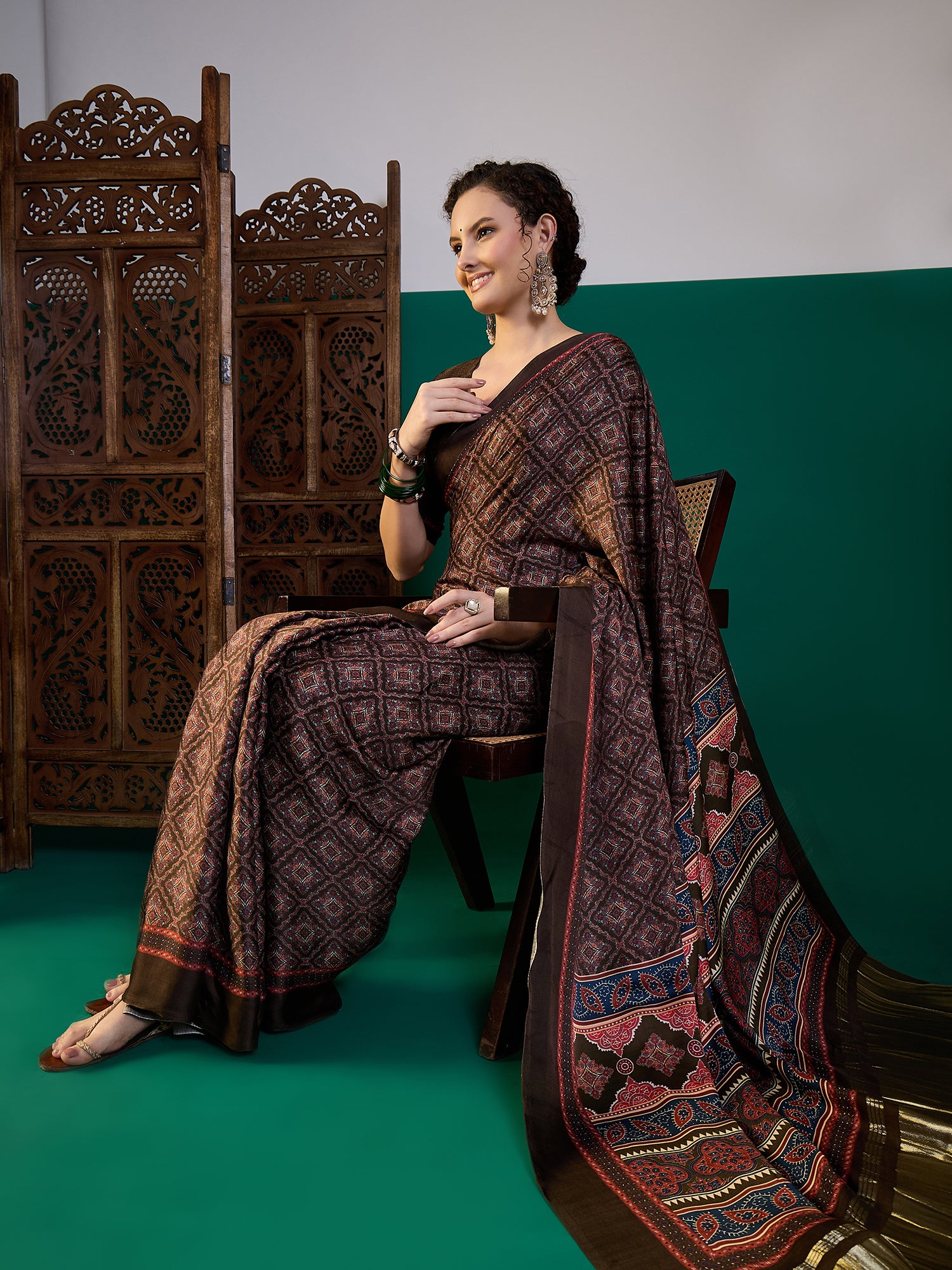 SURTAAL-Midnight Black Ajrakh Printed Saree with Ornamental Pallu & Metallic Border
