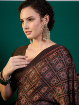 SURTAAL-Midnight Black Ajrakh Printed Saree with Ornamental Pallu & Metallic Border