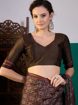 SURTAAL-Midnight Black Ajrakh Printed Saree with Ornamental Pallu & Metallic Border