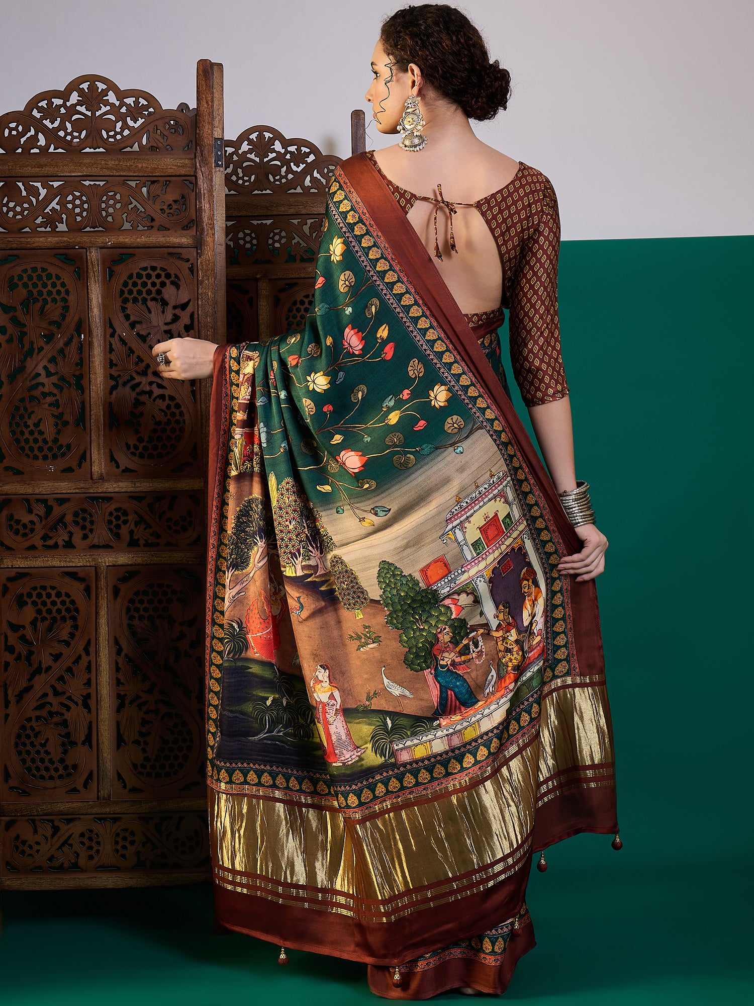 SURTAAL-Emerald Green Peacock & Lotus Heritage Print Saree