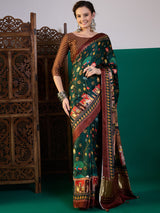 SURTAAL-Emerald Green Peacock & Lotus Heritage Print Saree