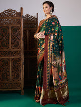 SURTAAL-Emerald Green Peacock & Lotus Heritage Print Saree