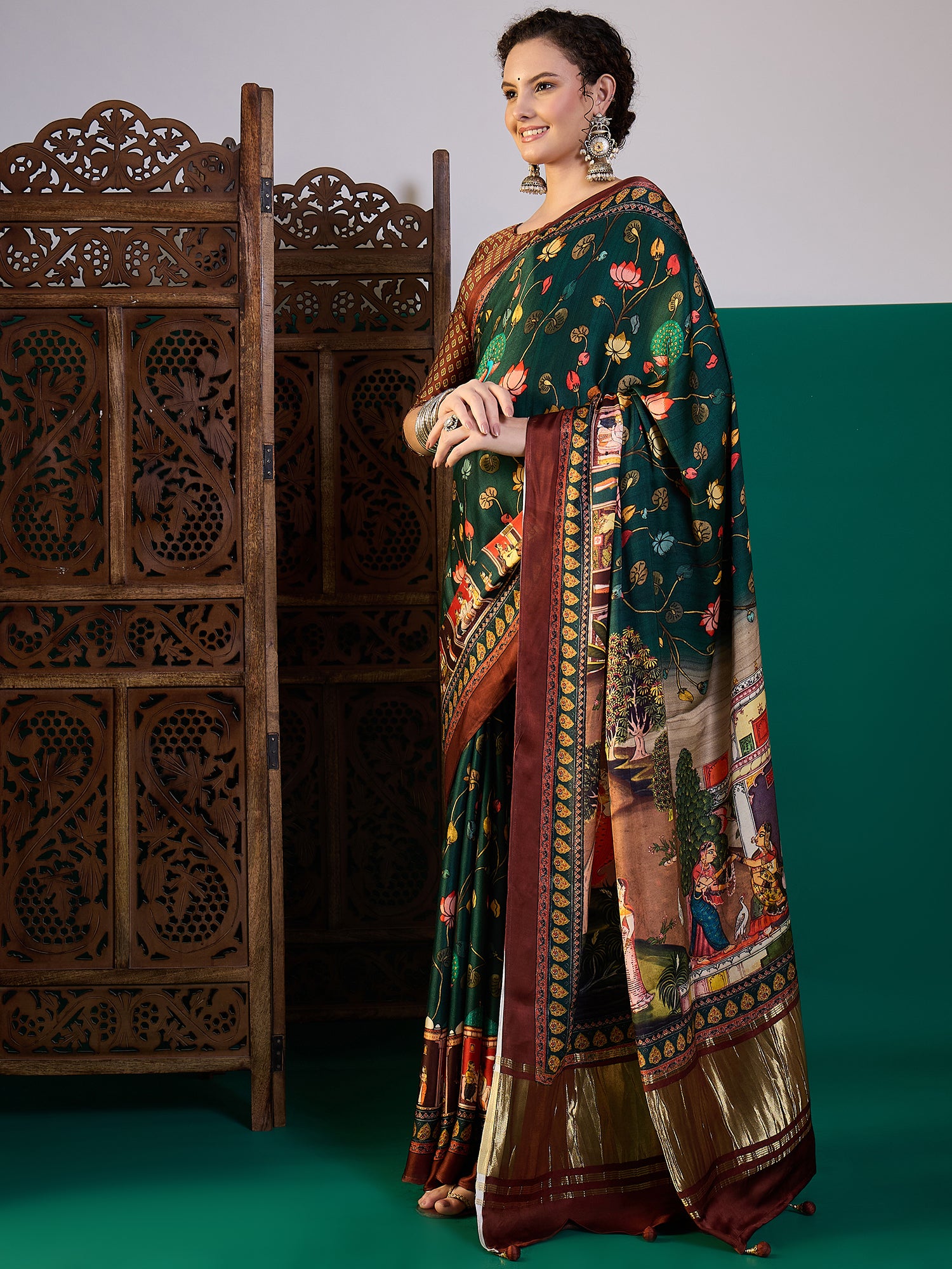 SURTAAL-Emerald Green Peacock & Lotus Heritage Print Saree