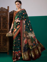 SURTAAL-Emerald Green Peacock & Lotus Heritage Print Saree