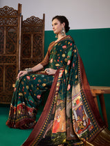 SURTAAL-Emerald Green Peacock & Lotus Heritage Print Saree