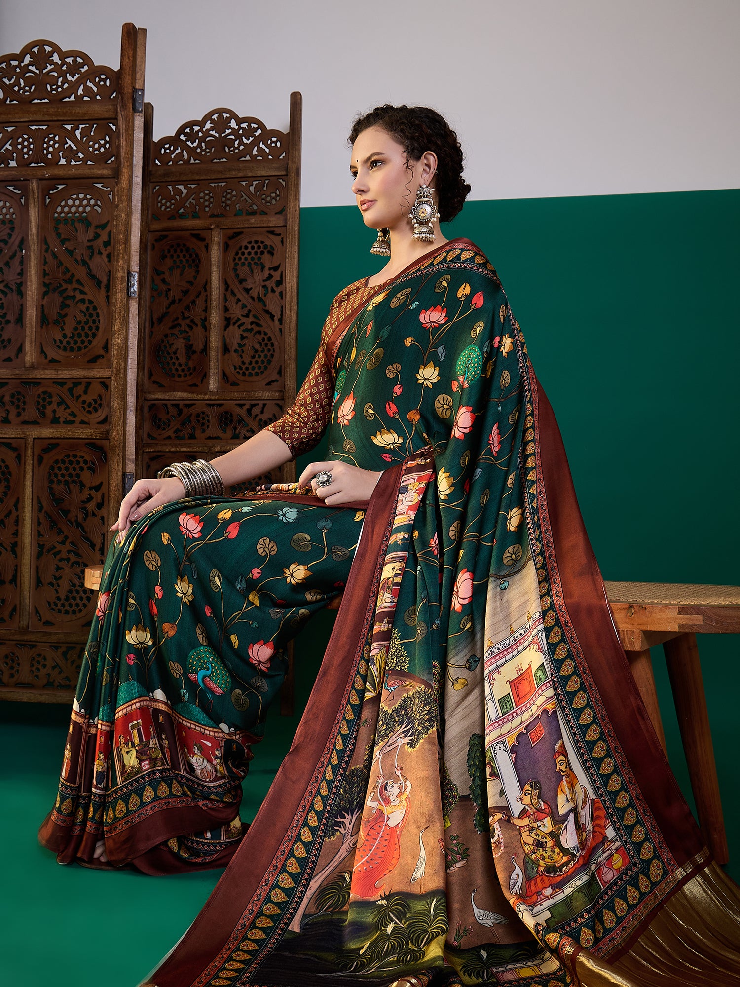 SURTAAL-Emerald Green Peacock & Lotus Heritage Print Saree
