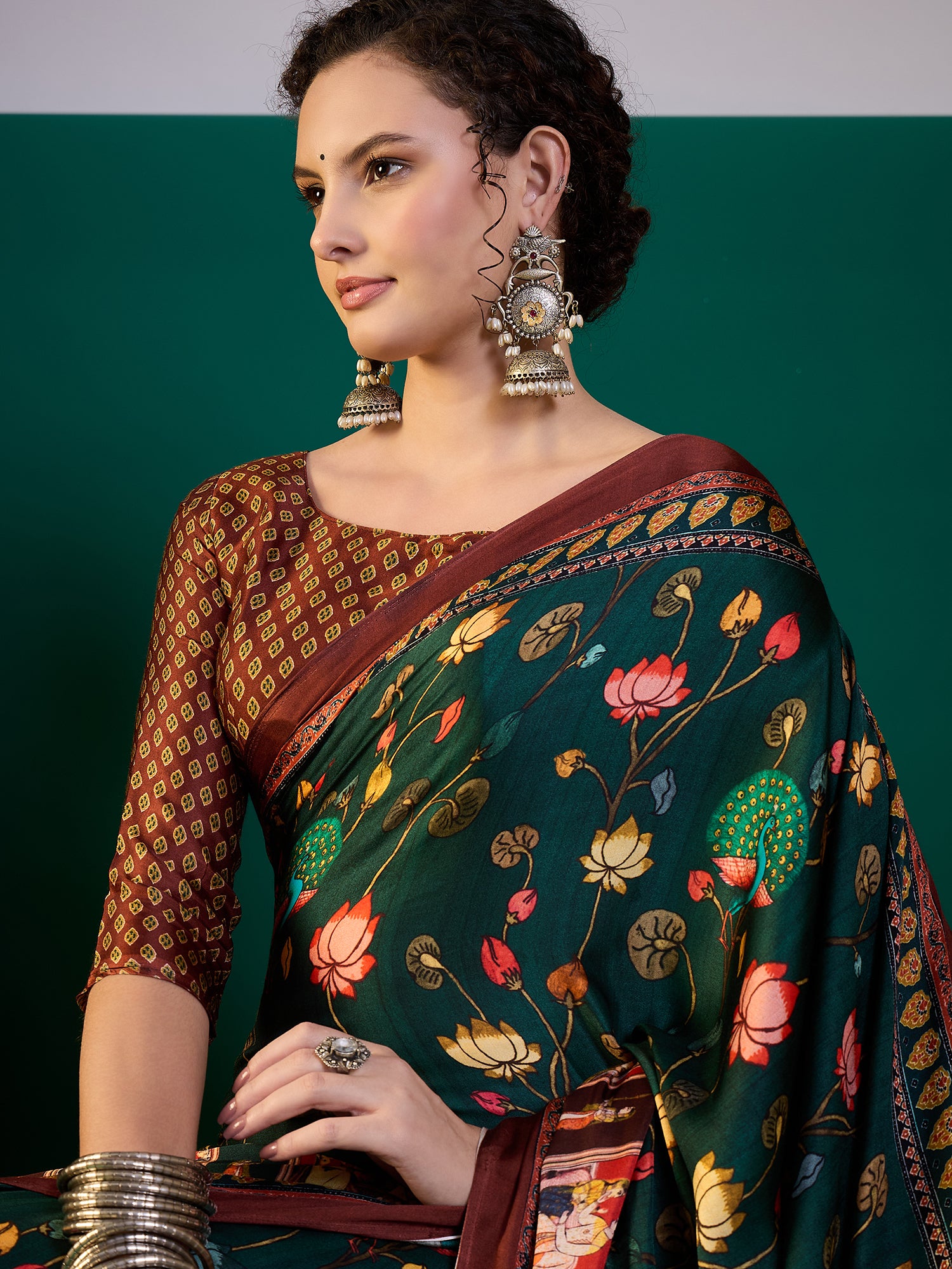 SURTAAL-Emerald Green Peacock & Lotus Heritage Print Saree