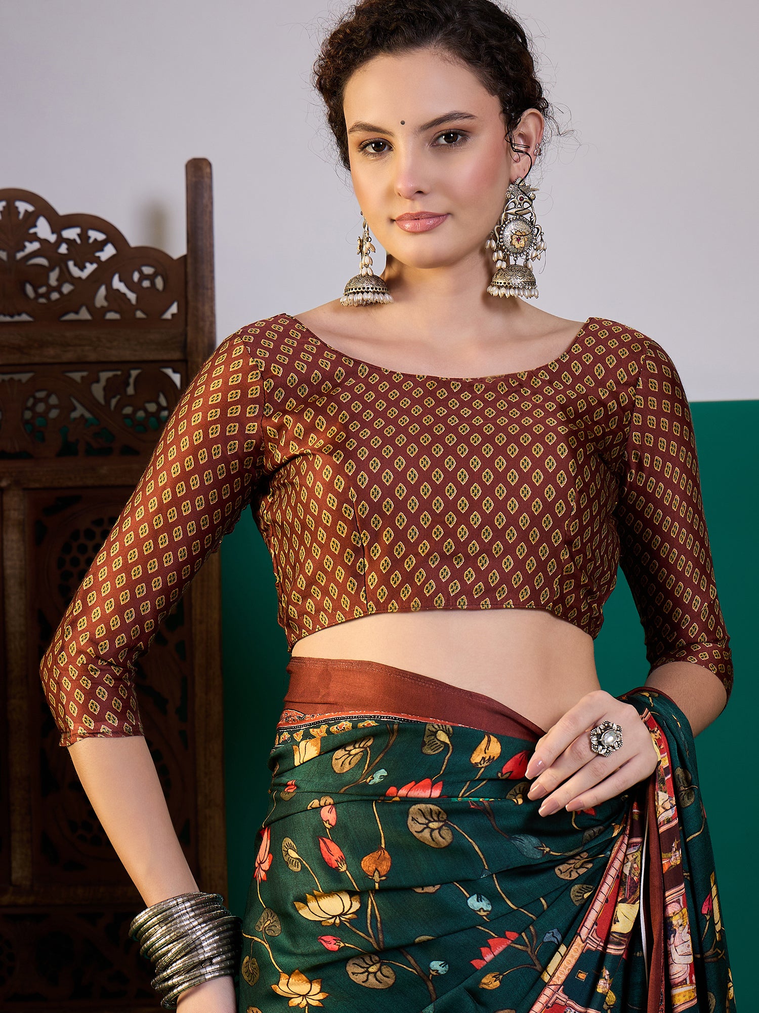 SURTAAL-Emerald Green Peacock & Lotus Heritage Print Saree