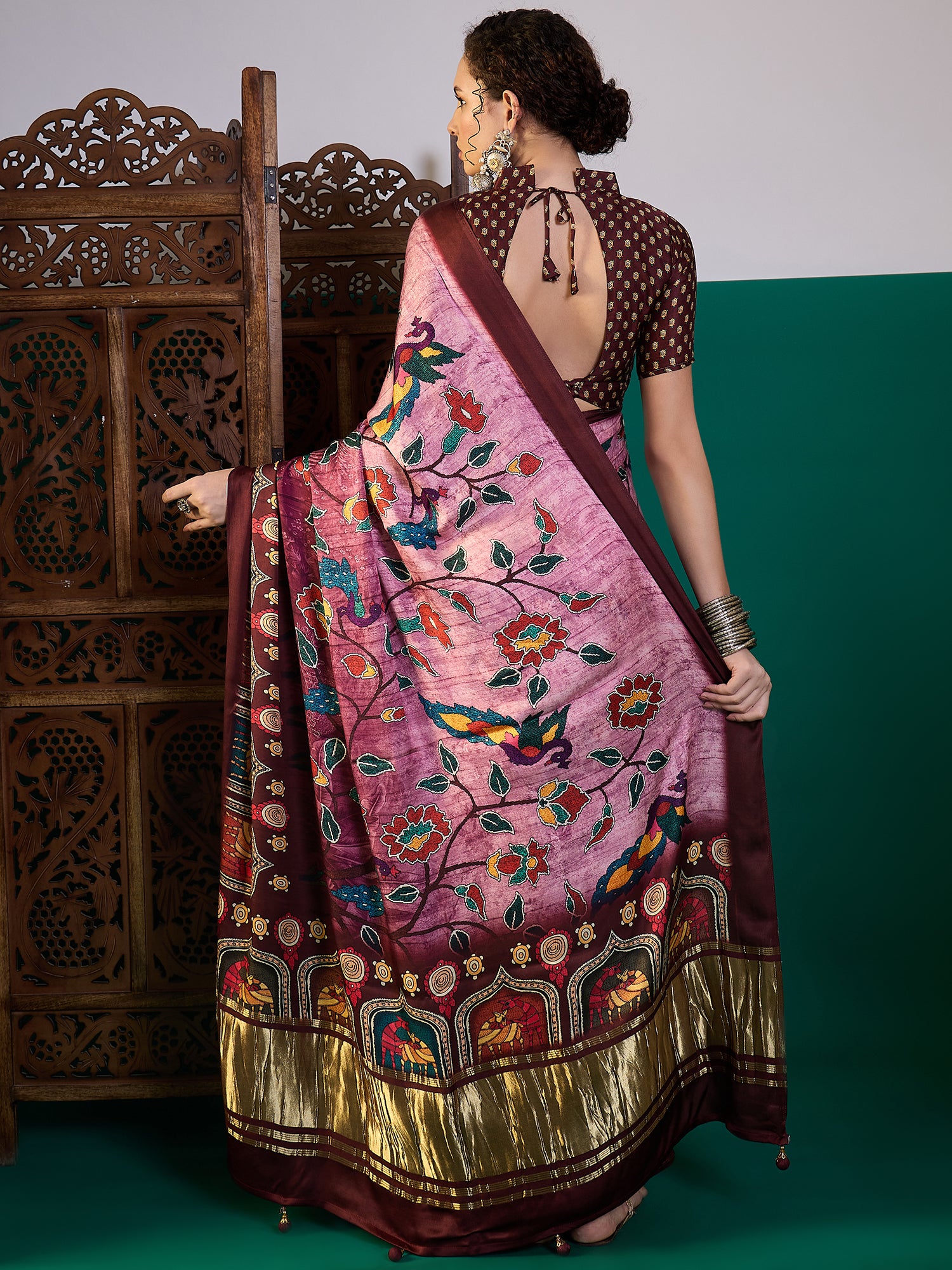 SURTAAL-Royal Plum Floral Kalamkari Designer Saree