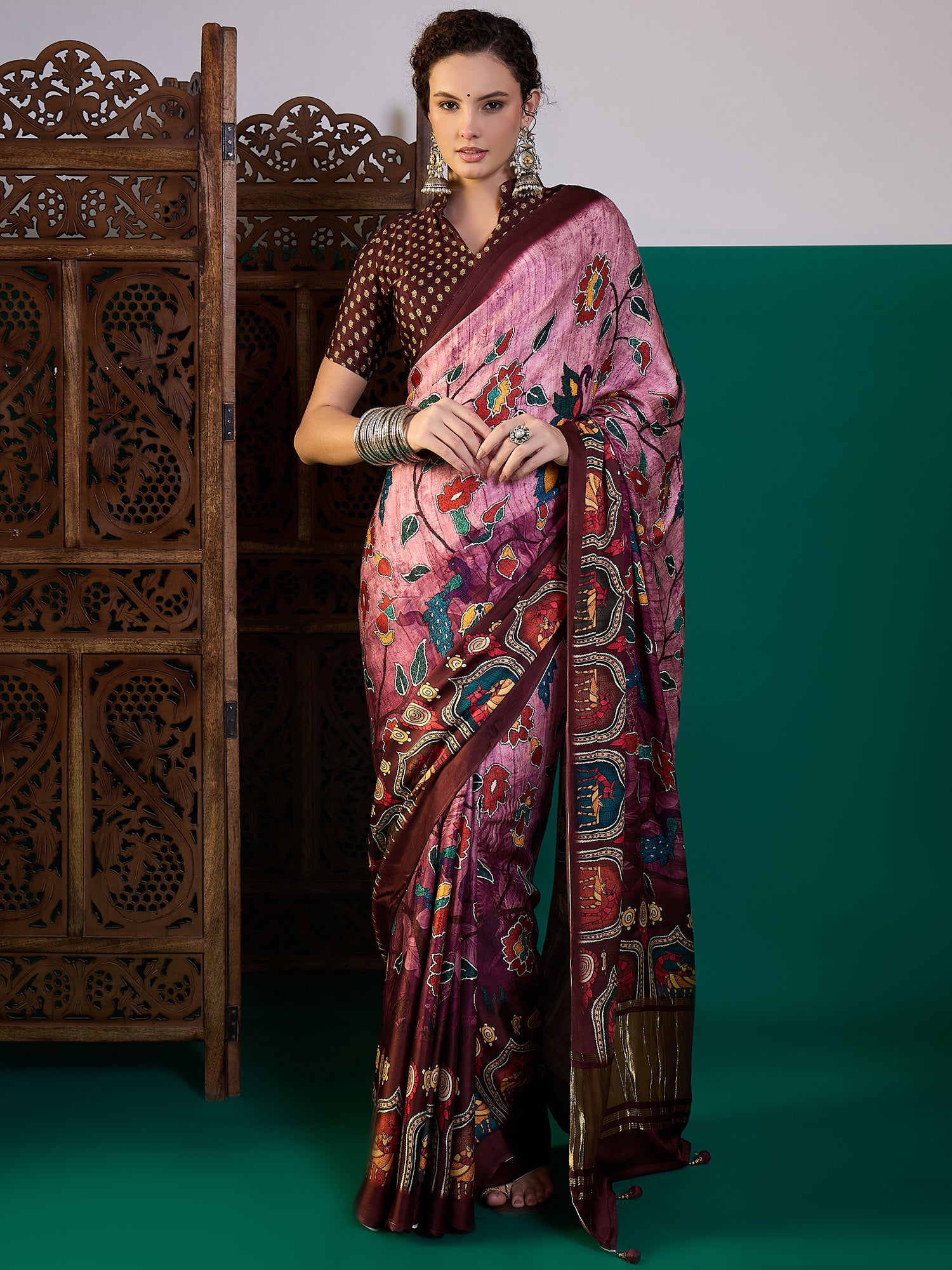 SURTAAL-Royal Plum Floral Kalamkari Designer Saree