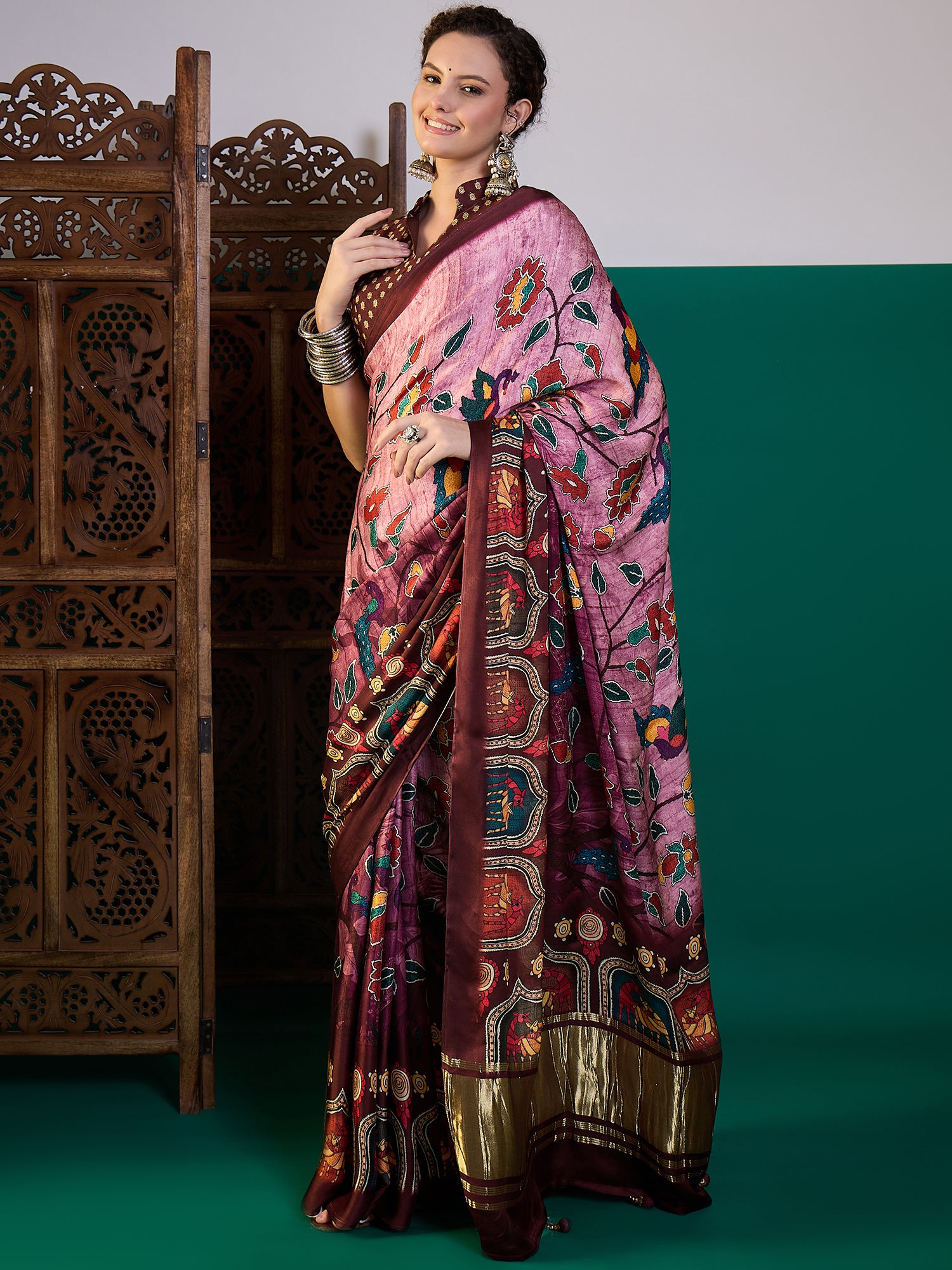 SURTAAL-Royal Plum Floral Kalamkari Designer Saree