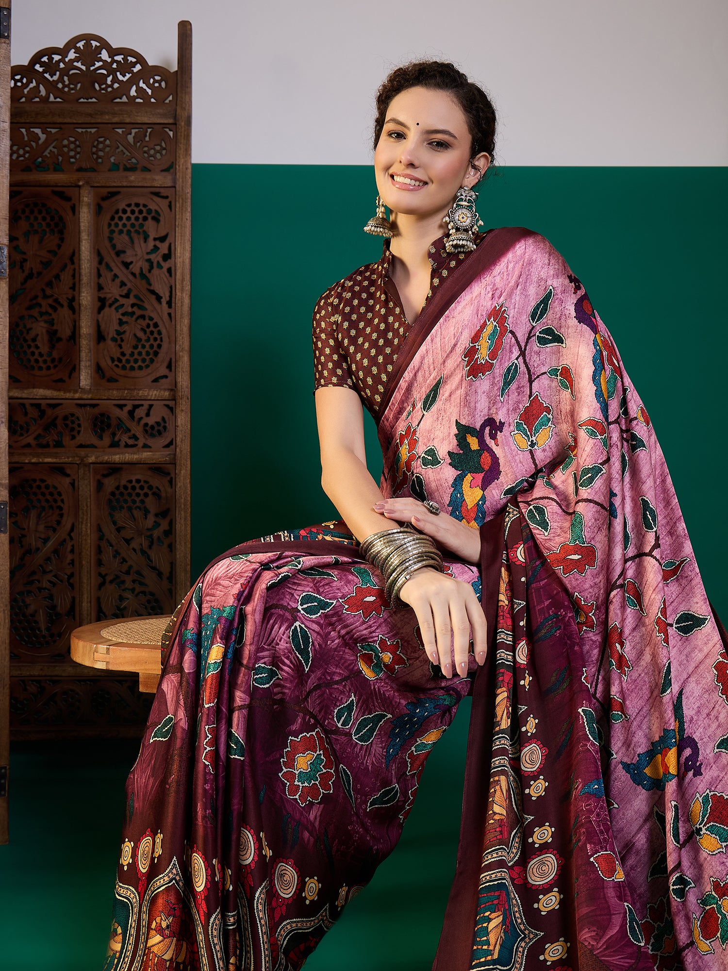 SURTAAL-Royal Plum Floral Kalamkari Designer Saree