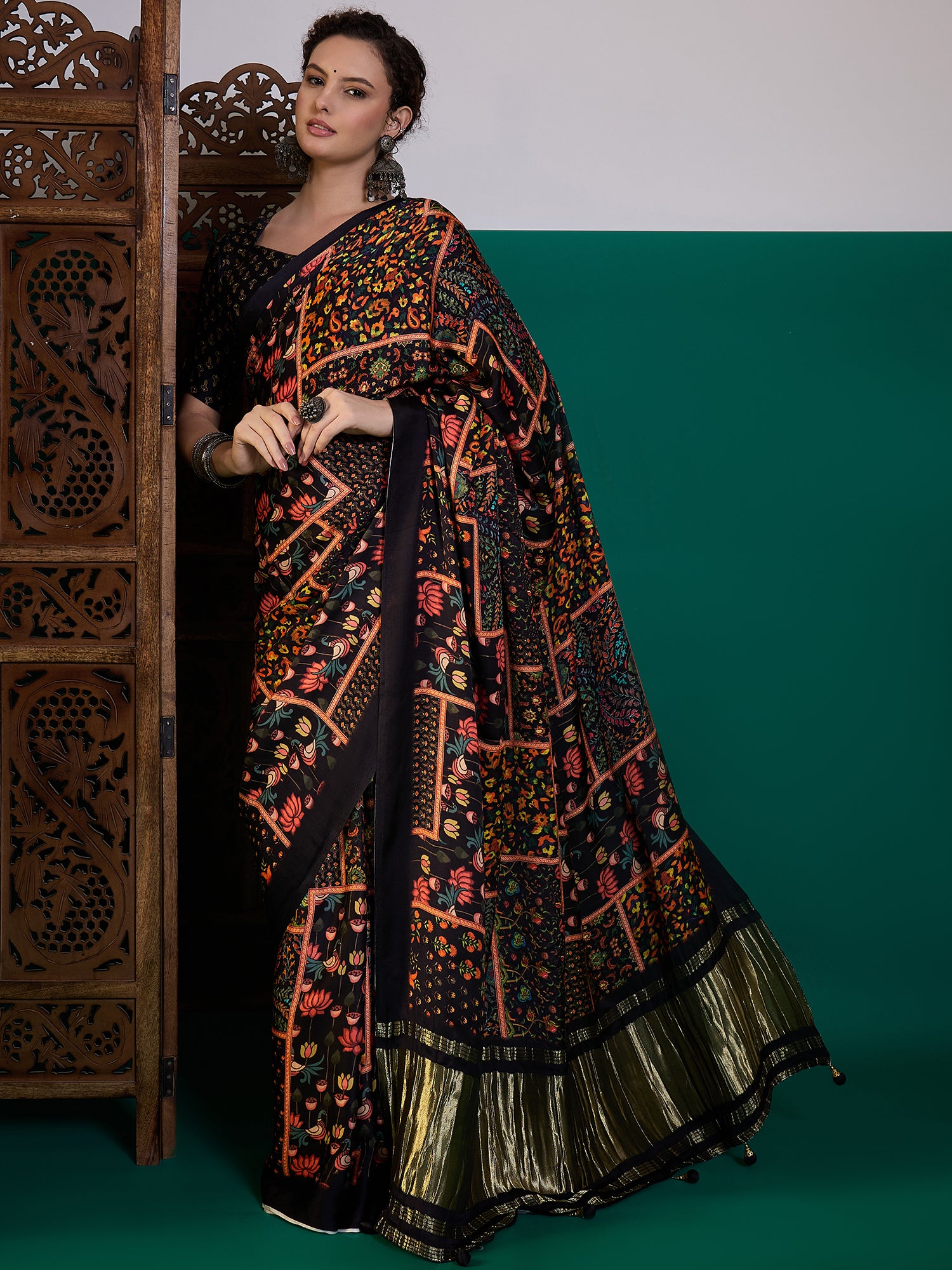 Black base - Designer Multi Color Printed Saree