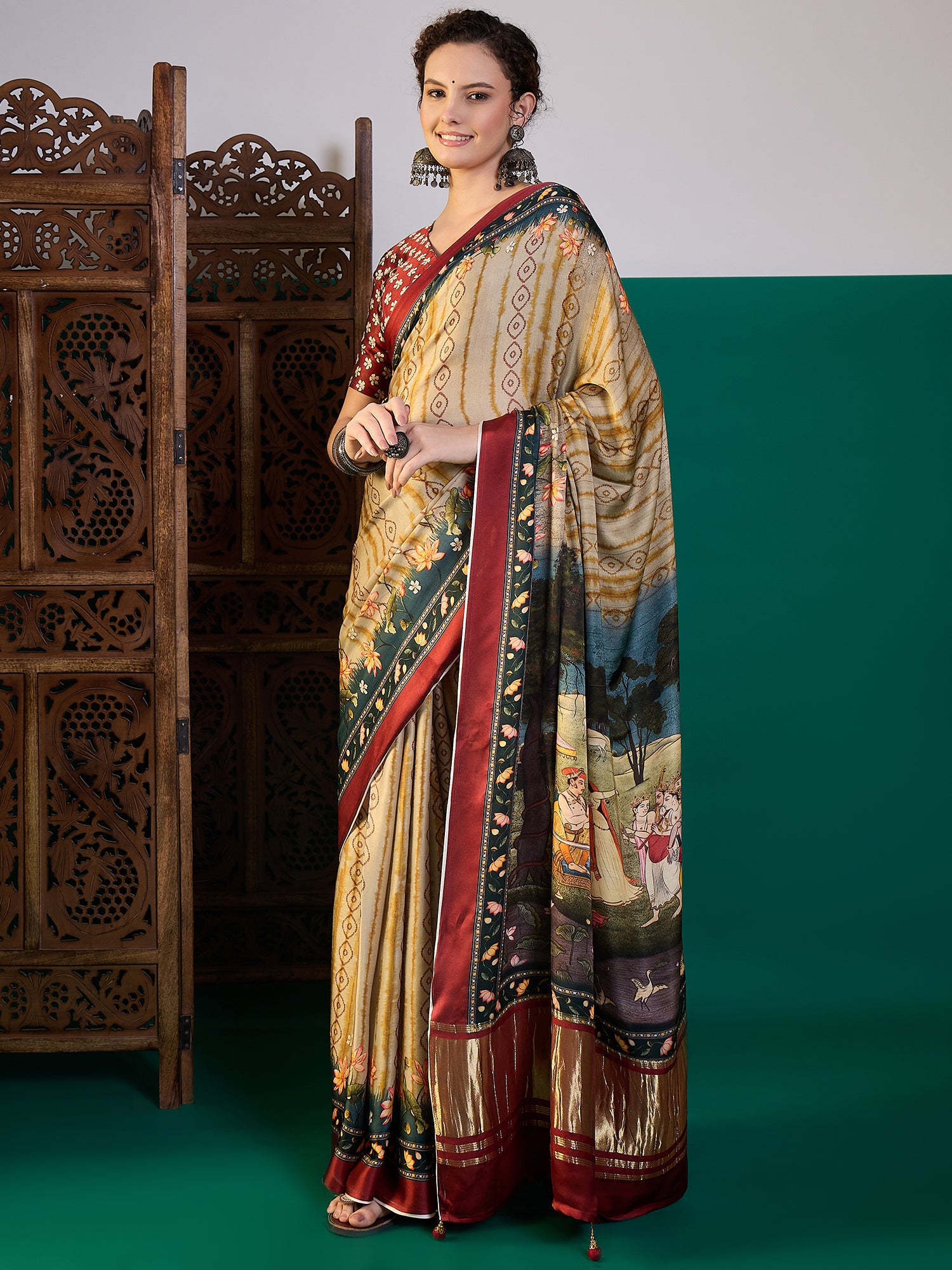 SURTAAL-Ivory Beige Floral Heritage Print Saree